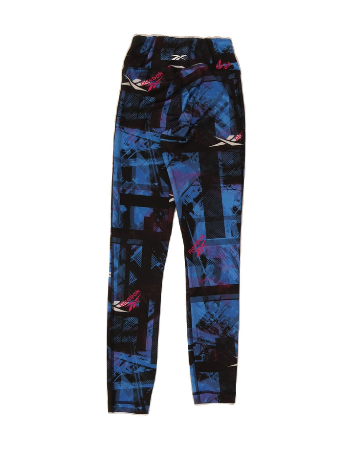 REEBOK Womens Graphic Leggings UK 2 2XS  Blue Geometric Polyester Vintage Reebok and Second-Hand Reebok from Messina Hembry 