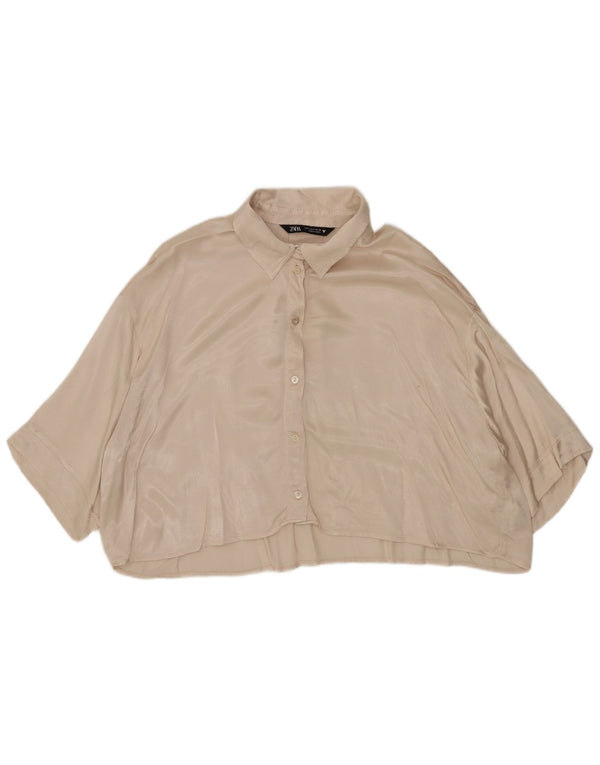 Zara γυναικείο πουκάμισο μπλούζα μεγάλου μεγέθους UK 10 Small Beige Viscose