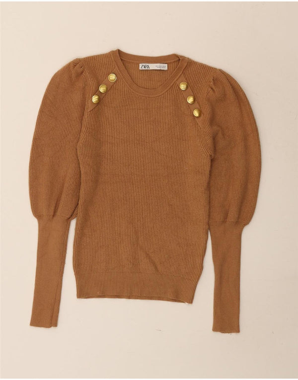 Zara Γυναικείο πουλόβερ με λαιμόκοψη UK 8 Small Brown Viscose