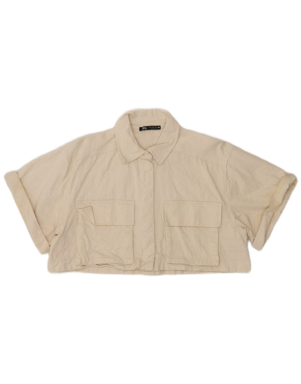 Zara Γυναικείο κοντομάνικο πουκάμισο Crop UK 14 Medium Beige βαμβακερό
