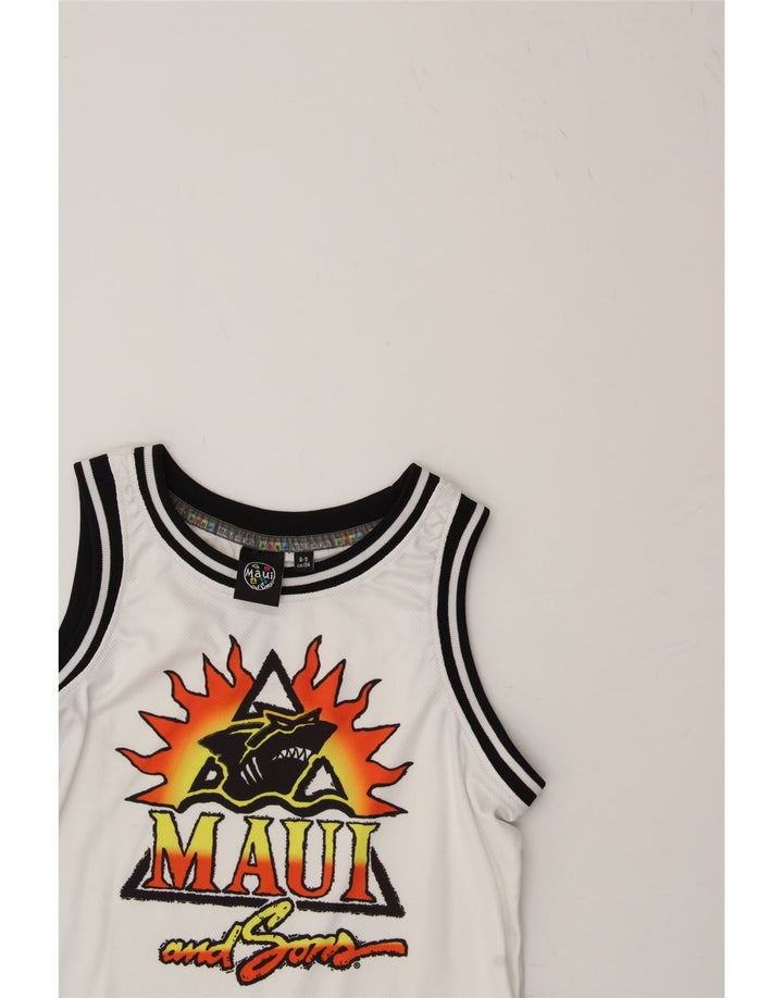 MAUI AND SONS Boys Graphic Vest Top 8-9 Years White Polyester Vintage Maui and Sons and Second-Hand Maui and Sons from Messina Hembry 