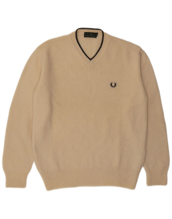 Fred Perry Ανδρικό πουλόβερ με λαιμόκοψη με λαιμόκοψη σε μεγάλο μπεζ μαλλί