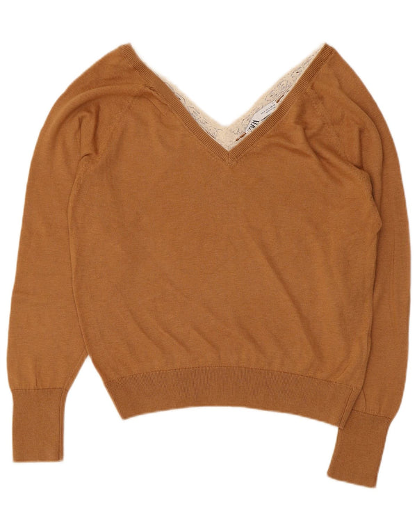 Zara Γυναικείο πουλόβερ με V λαιμόκοψη UK 10 Small Brown Lyocell