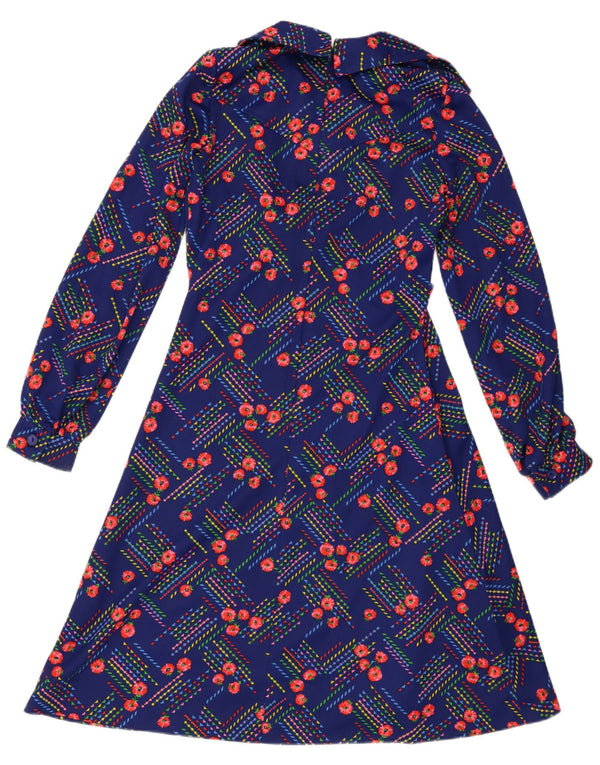 Vintage γυναικείο μακρυμάνικο φόρεμα A-line UK 14 Medium Blue Floral