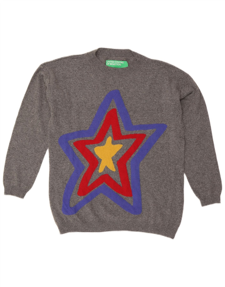 BENETTON Ανδρικό γραφικό πουλόβερ με λαιμόκοψη μεσαίου γκρι φλοράλ