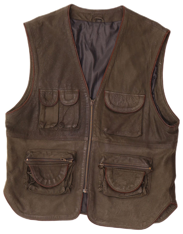 Vintage Mens Leather Utility Gilet IT 54 2XL Khaki