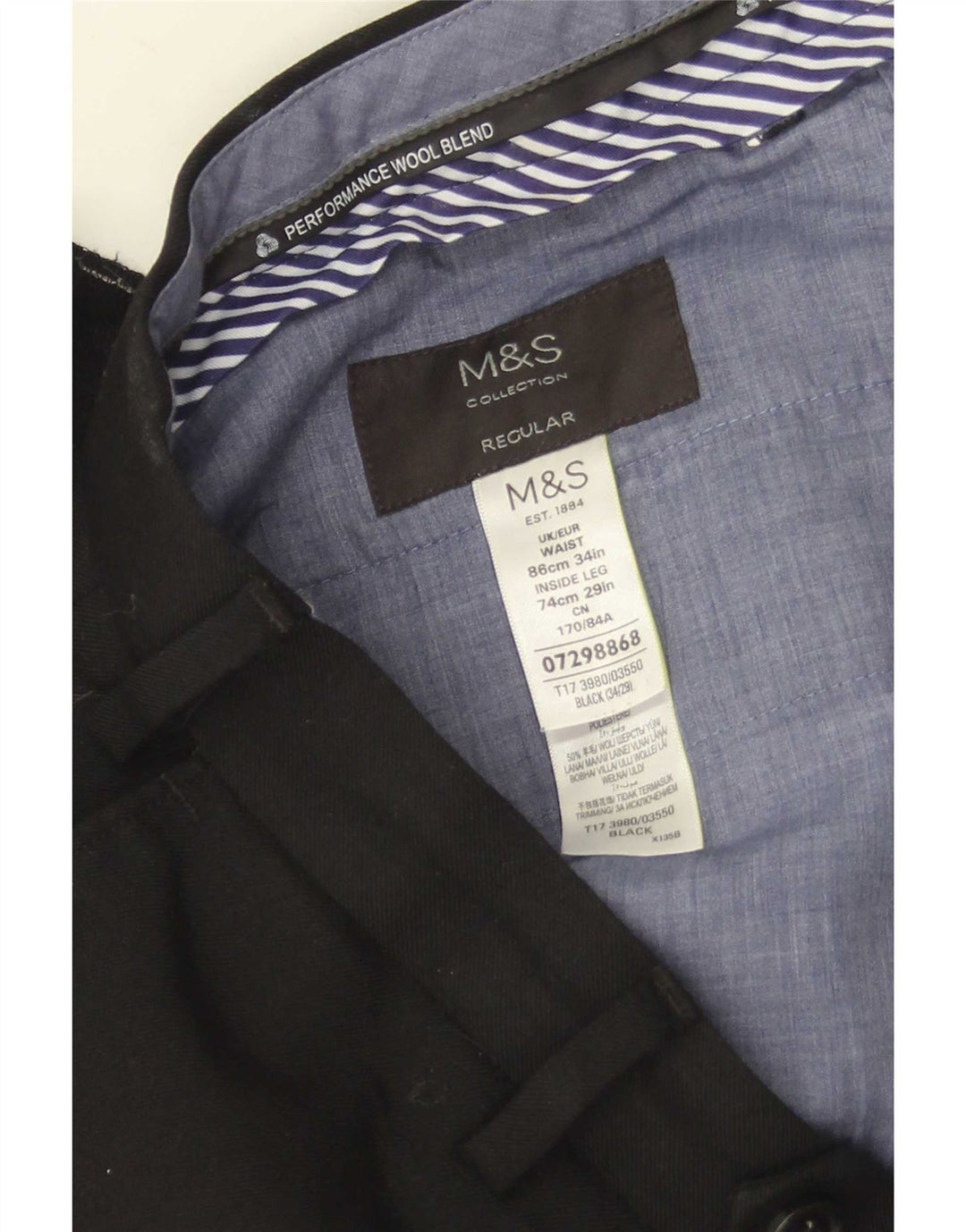 Ανδρικό ίσιο παντελόνι Marks & Spencer W34 L29 Μαύρο μάλλινο