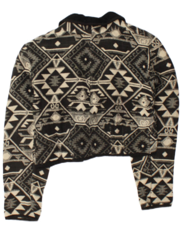 Vintage Γυναικείο Crop Open Bomber Jacket UK 14 Medium Black Geometric Cotton
