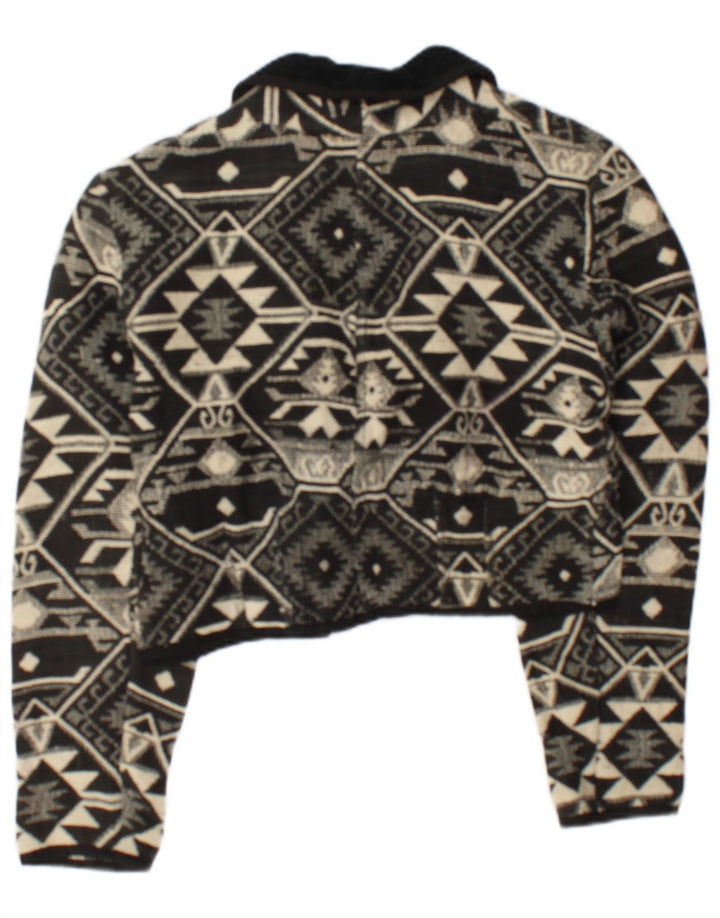 Vintage Γυναικείο Crop Open Bomber Jacket UK 14 Medium Black Geometric Cotton