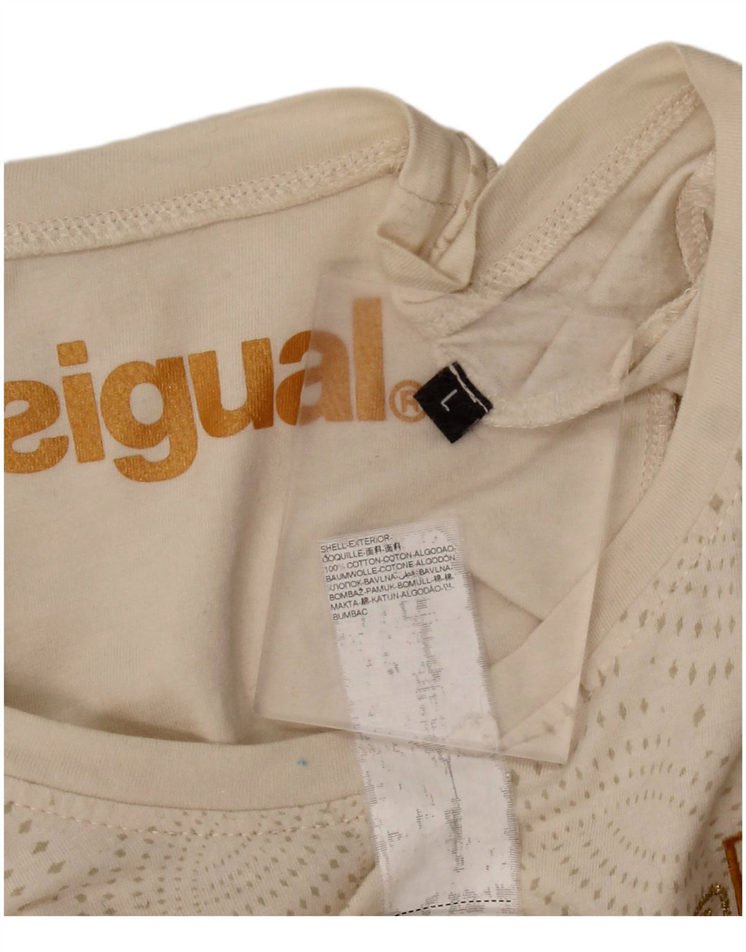 DESIGUAL Γυναικείο T-Shirt με γραφικό τοπ UK 14 Μεγάλο μπεζ βαμβακερό στίγμα