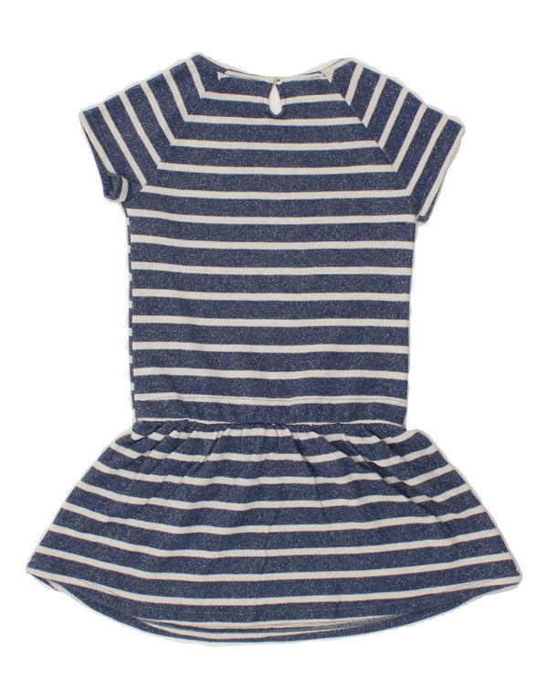 BENETTON Girls Drop Waist Dress 8-9 Years Large Blue Striped Cotton