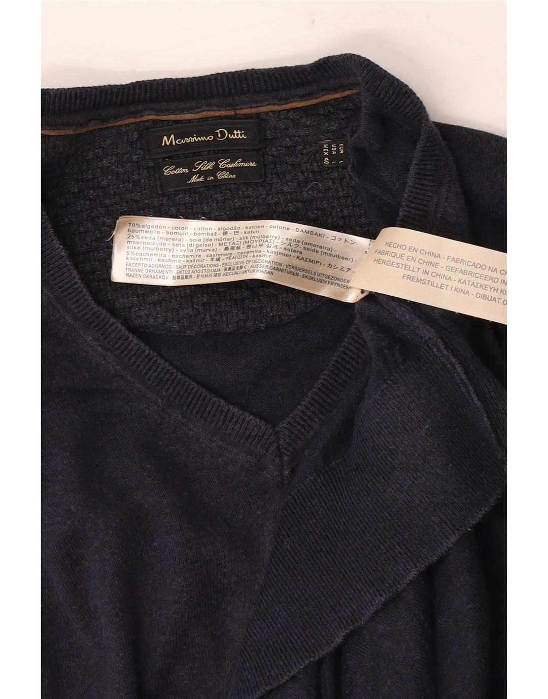 Massimo Dutti Ανδρικό πουλόβερ με λαιμόκοψη με V λαιμόκοψη Μεγάλο μπλε βαμβακερό