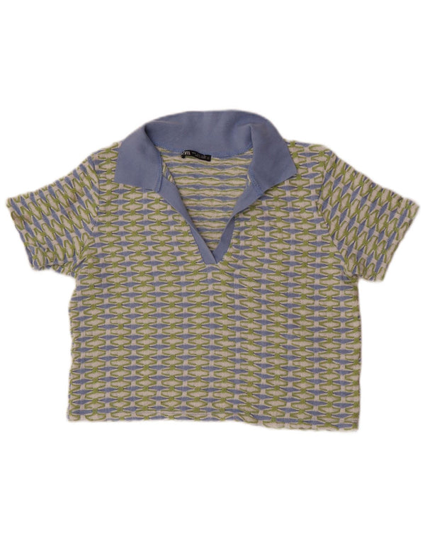 Zara Γυναικείο πουκάμισο πόλο Crop UK 10 Small Green Geometric Polyester
