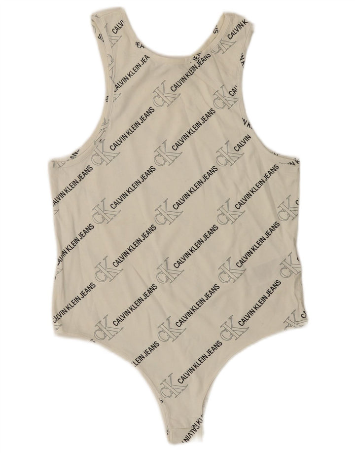 CALVIN KLEIN JEANS Γυναικείο γραφικό αμάνικο κορμάκι UK 14 μεγάλο λευκό