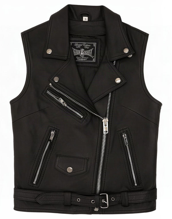 Vintage Womens Biker Leather Gilet UK 8 Small Black