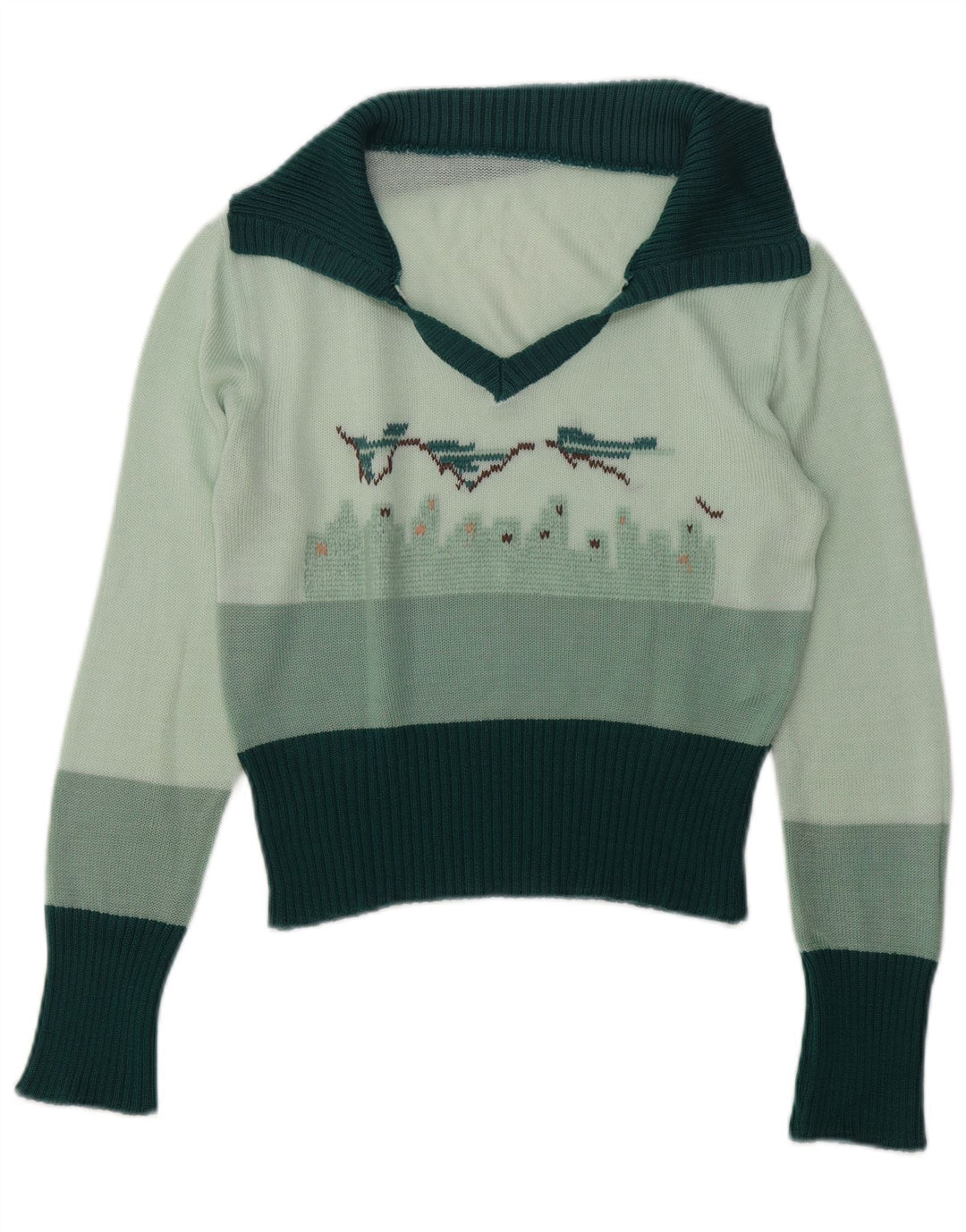 Vintage γυναικείο γραφικό πουλόβερ με λαιμό πόλο UK 14 Μεσαίο πράσινο