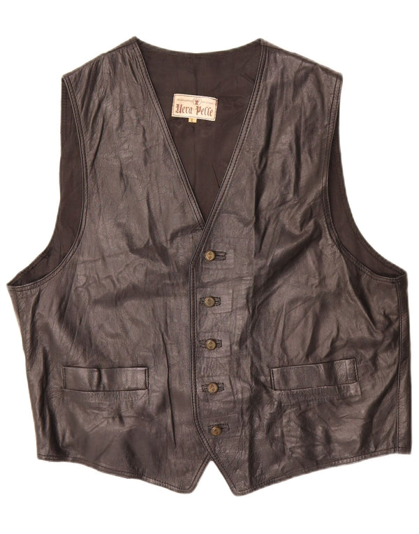 Vintage Mens Leather Waistcoat Large Black Leather