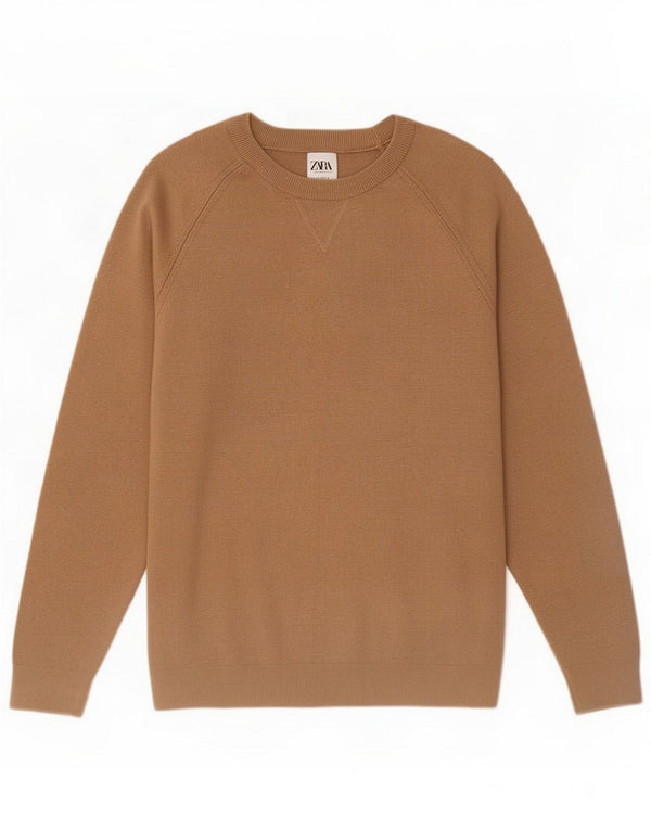 Zara Mens Crew Neck Jumper πουλόβερ XL Καφέ βαμβακερό