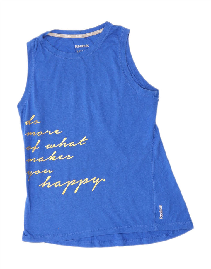 REEBOK Womens Graphic Vest Top UK 14 Large Blue Cotton Vintage Reebok and Second-Hand Reebok from Messina Hembry 