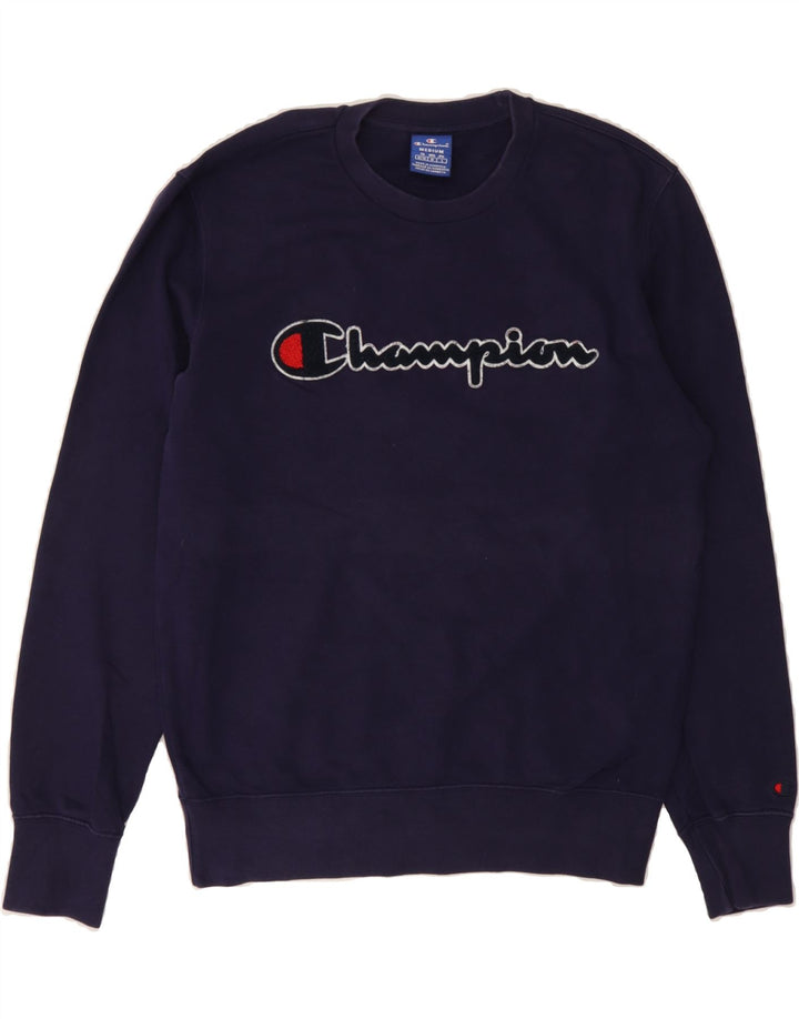 CHAMPION Womens Graphic Sweatshirt Jumper UK 14 Medium Navy Blue Cotton Vintage Champion and Second-Hand Champion from Messina Hembry 