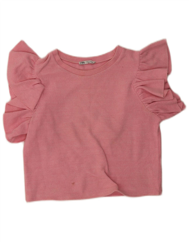 Zara Γυναικεία Crop Μπλούζα Τοπ UK 12 Μέτριο Ροζ Βαμβακερό