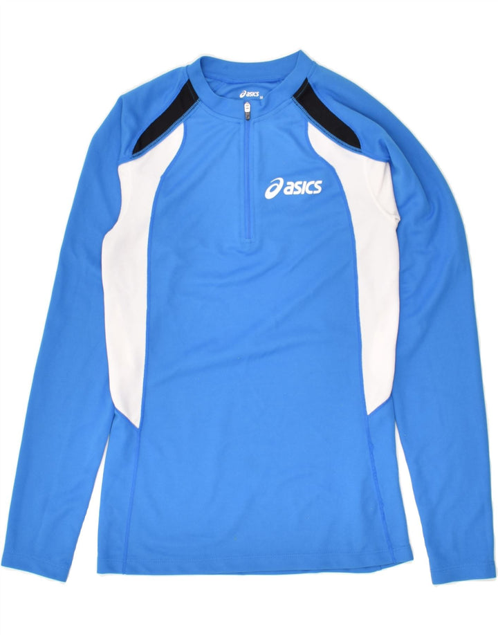 ASICS Womens Zip Neck Pullover Tracksuit Top UK 12 Medium Blue Colourblock | Vintage Asics | Thrift | Second-Hand Asics | Used Clothing | Messina Hembry 