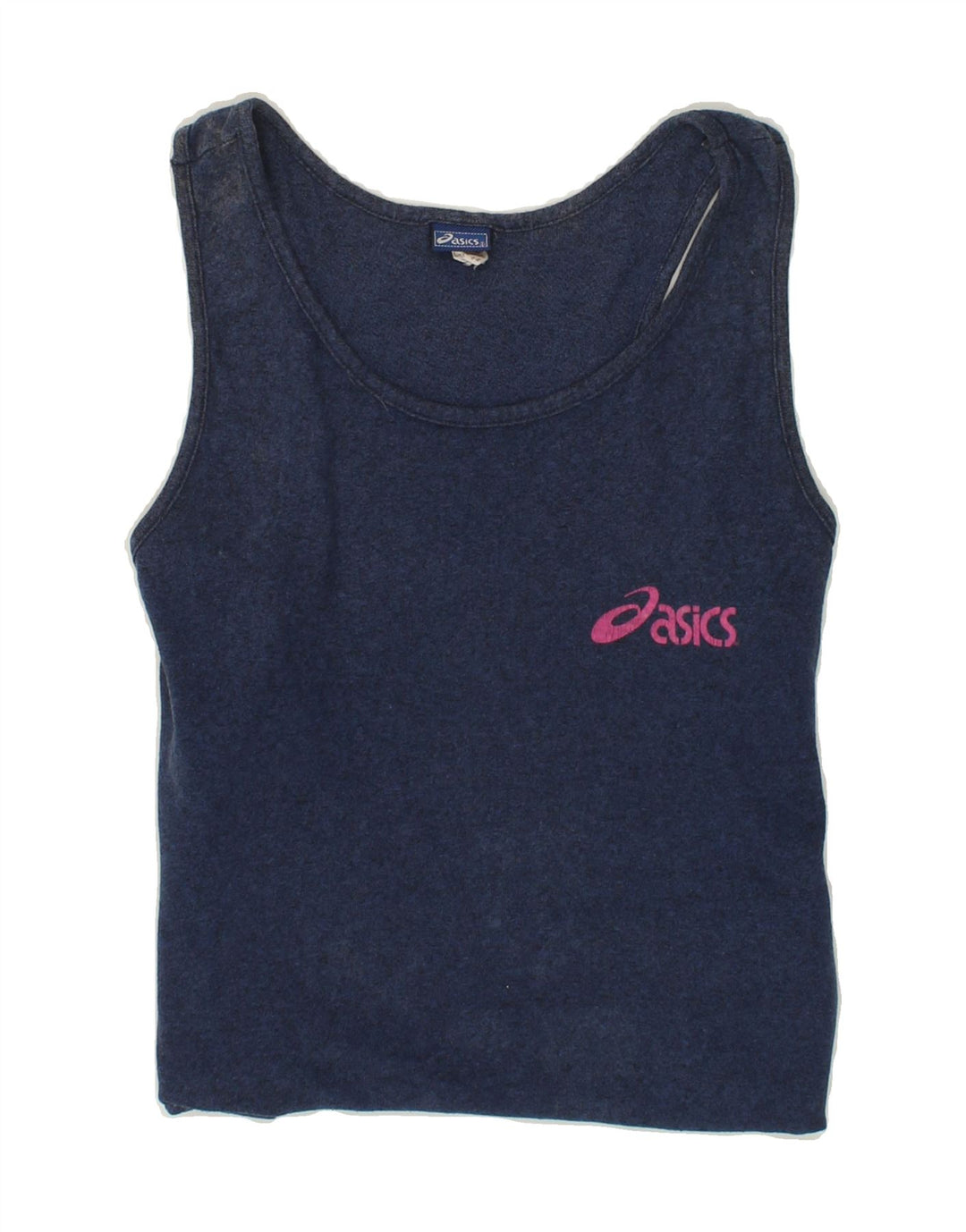 ASICS Womens Graphic Vest Top UK 12 Medium Navy Blue Cotton Vintage Asics and Second-Hand Asics from Messina Hembry 