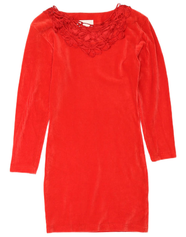 Vintage γυναικείο μακρυμάνικο βελούδινο φόρεμα UK 14 Medium Red Floral