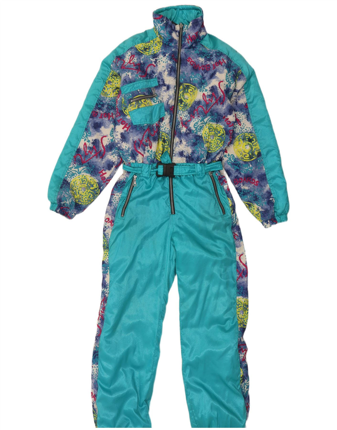 Vintage γυναικεία υπερμεγέθη γραφική φόρμα σκι με κουκούλα IT 44 Medium Turquoise