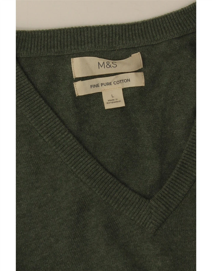 MARKS & SPENCER Ανδρικό πουλόβερ με λαιμόκοψη V-λαιμόκοψη μεγάλο πράσινο βαμβακερό