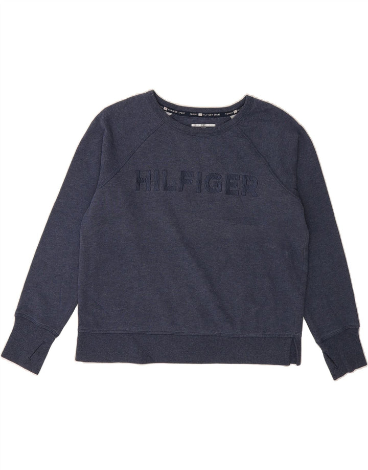TOMMY HILFIGER Womens Crop Sweatshirt Jumper UK 14 Medium Navy Blue Vintage Tommy Hilfiger and Second-Hand Tommy Hilfiger from Messina Hembry 