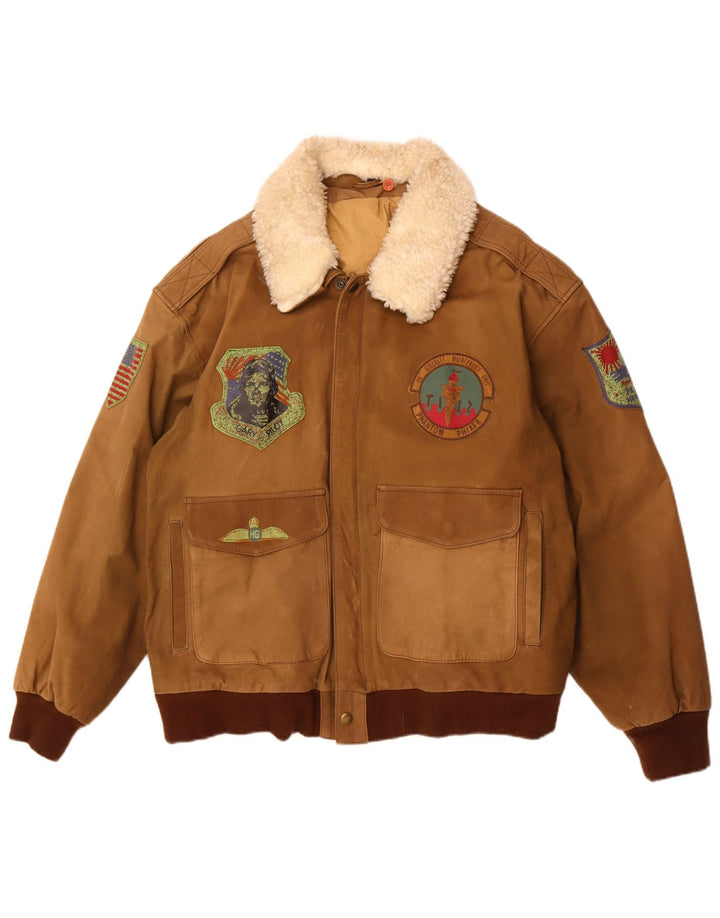 Vintage Ανδρικό Γραφικό Δερμάτινο Μπουφάν IT 56 3XL Καφέ