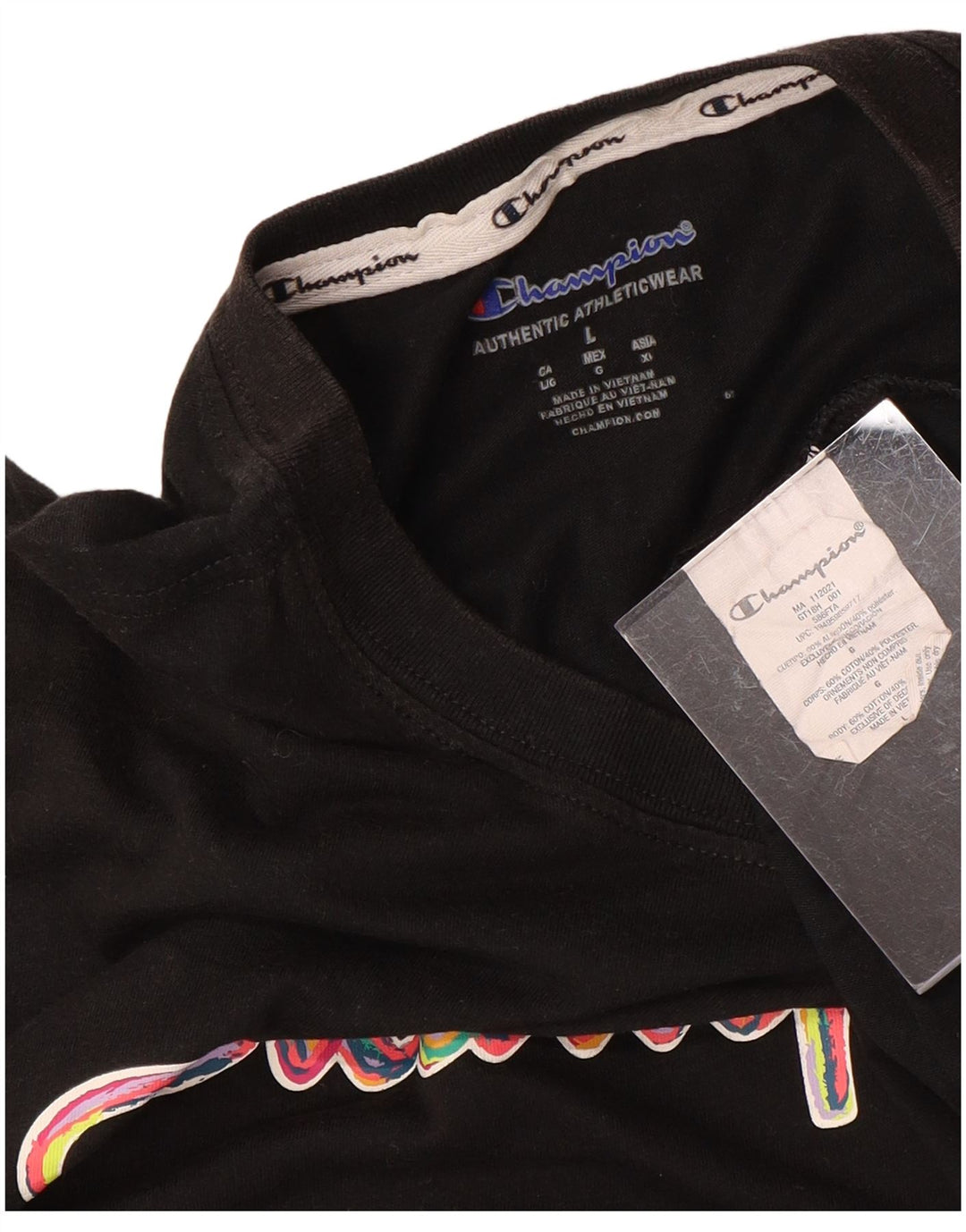 CHAMPION Γυναικείο γραφικό T-Shirt Top UK 16 Large μαύρο βαμβακερό