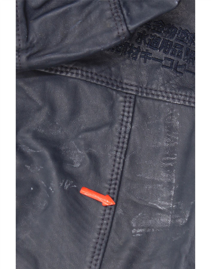 Superdry Γυναικείο Δερμάτινο Μπουφάν με κουκούλα UK 14 Medium Navy Blue Leather