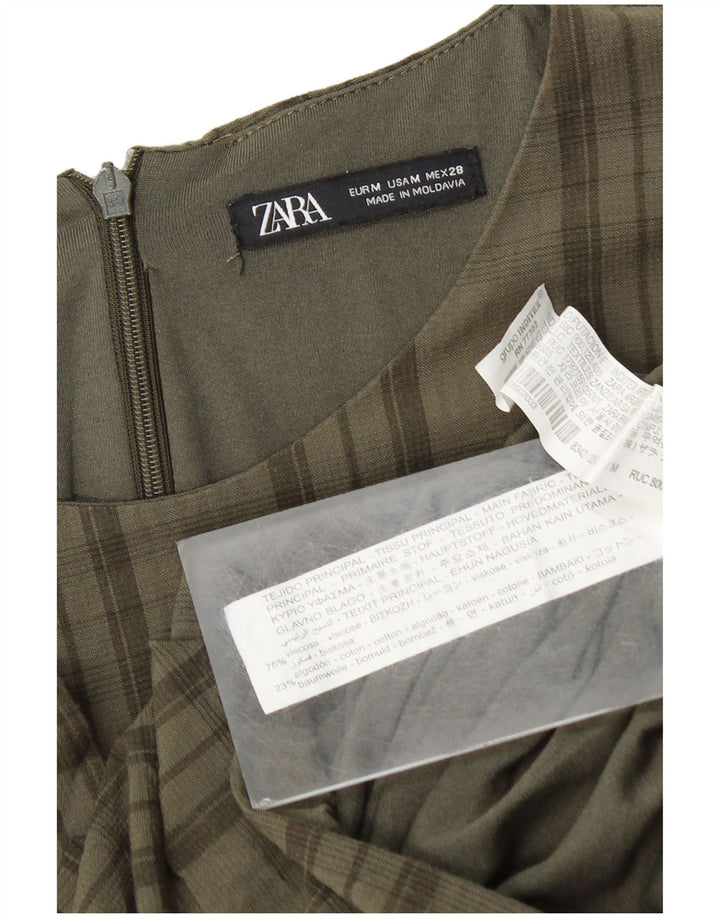 Zara γυναικείο φόρεμα 3/4 Sleeve Shift UK 12 Medium Khaki Check Viscose