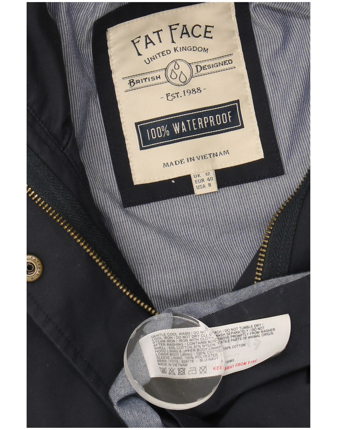 Γυναικείο μπουφάν βροχής με κουκούλα Fat Face UK 12 Medium Navy Blue Cotton
