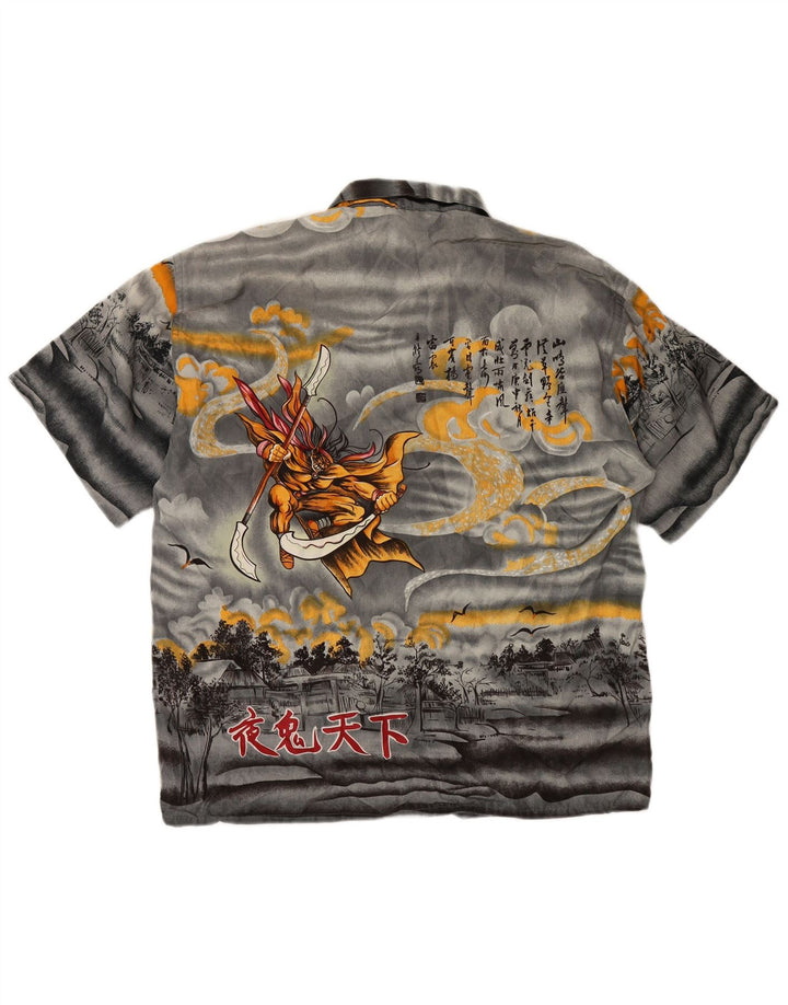 Ανδρικό κοντομάνικο γραφικό πουκάμισο VINTAGE από μεσαίο γκρι μεταξωτό