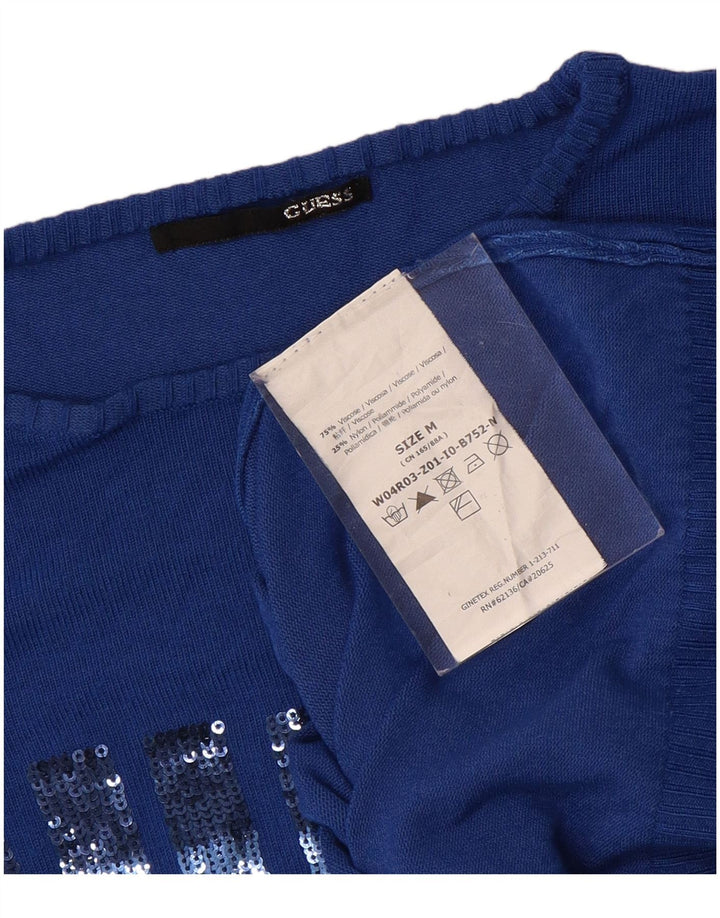 GUESS Γυναικείο γραφικό πουλόβερ με λαιμό σκάφος UK 12 μεσαία μπλε βισκόζη