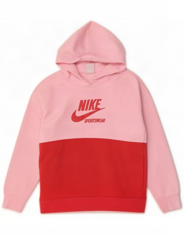 Nike Girls Graphic Hoodie Jumper 8-9 Years Small Pink Colourblock Cotton