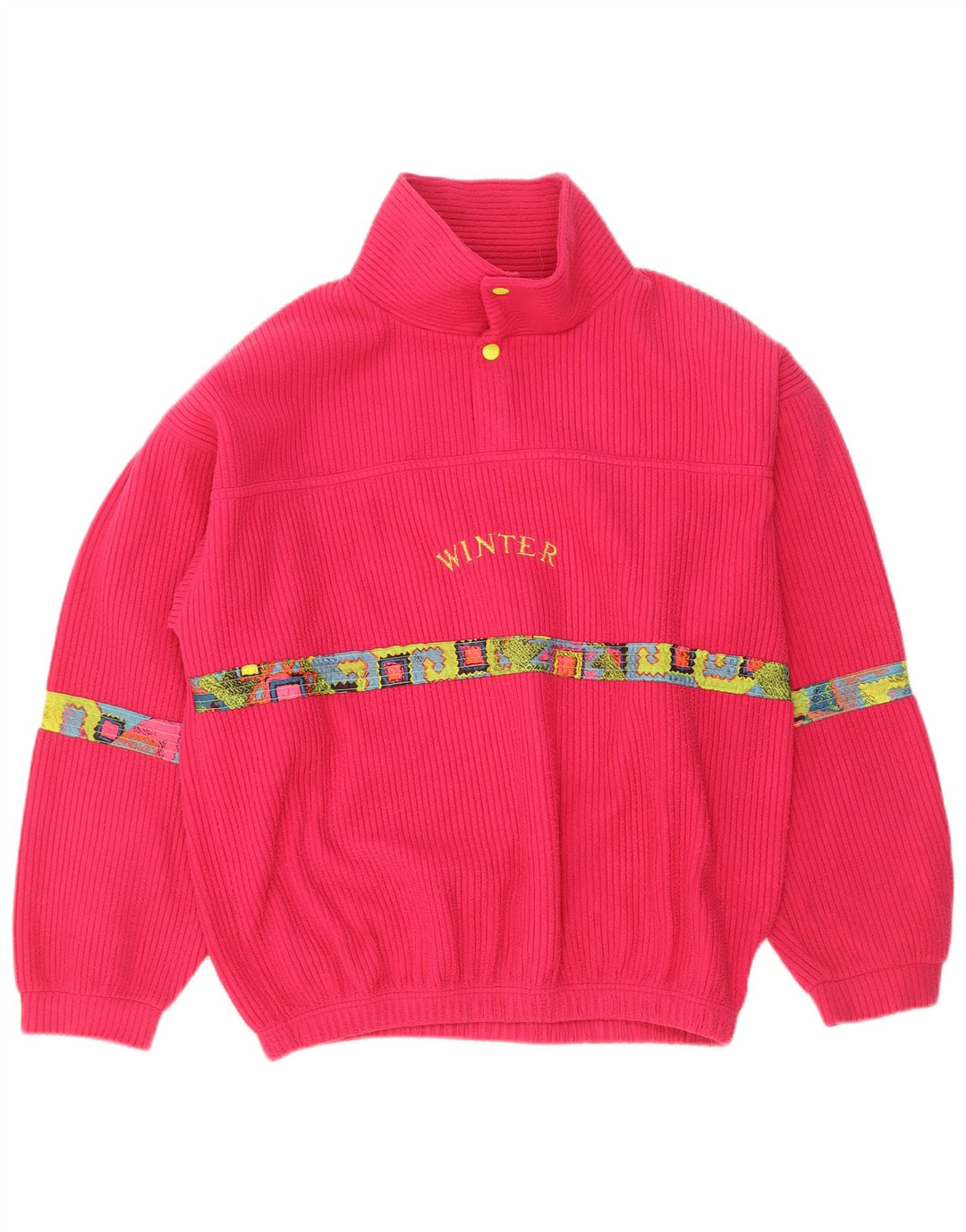 Vintage γυναικείο υπερμεγέθη γραφικό fleece jumper UK 14 Medium Pink