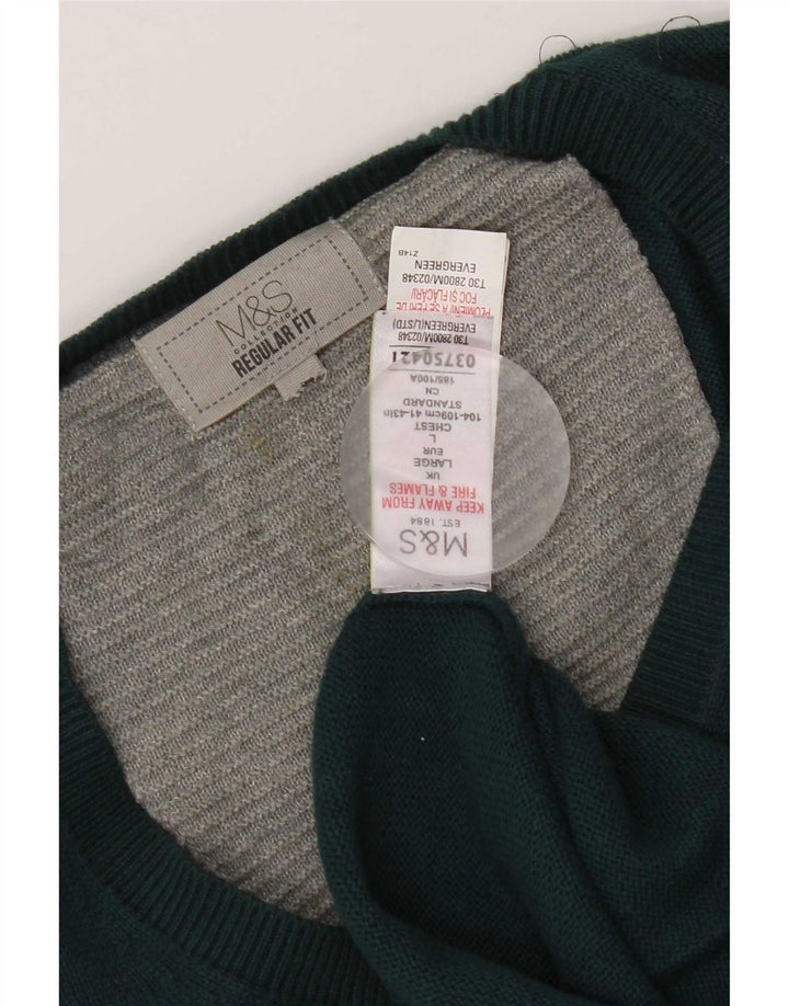 Marks & Spencer Ανδρικό πουλόβερ με κανονική εφαρμογή με λαιμόκοψη σε λαιμόκοψη, μεγάλο πράσινο βαμβακερό
