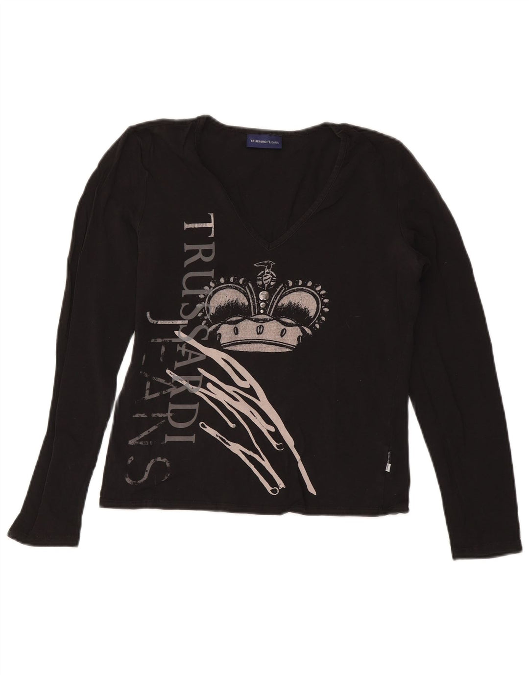 TRUSSARDI JEANS Γυναικείο Crop γραφικό τοπ μακρυμάνικο UK 14 μεγάλο μαύρο