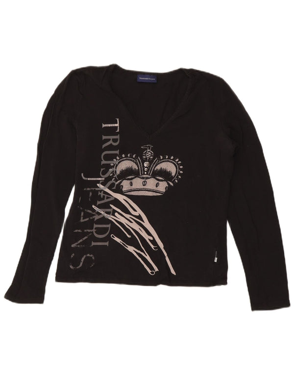 TRUSSARDI JEANS Γυναικείο Crop γραφικό τοπ μακρυμάνικο UK 14 μεγάλο μαύρο