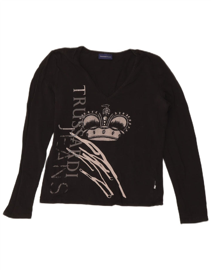 TRUSSARDI JEANS Γυναικείο Crop γραφικό τοπ μακρυμάνικο UK 14 μεγάλο μαύρο