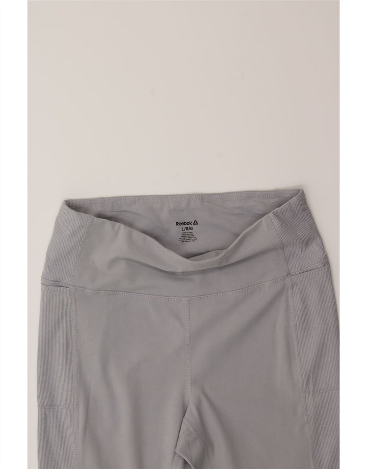 REEBOK Womens Graphic Leggings UK 14 Large Grey Polyester Vintage Reebok and Second-Hand Reebok from Messina Hembry 