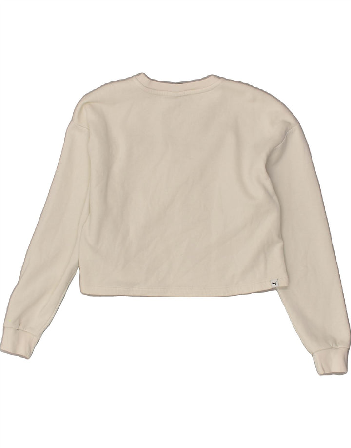 PUMA Womens Graphic Crop Sweatshirt Jumper UK 12 Medium Off White Cotton | Vintage Puma | Thrift | Second-Hand Puma | Used Clothing | Messina Hembry 