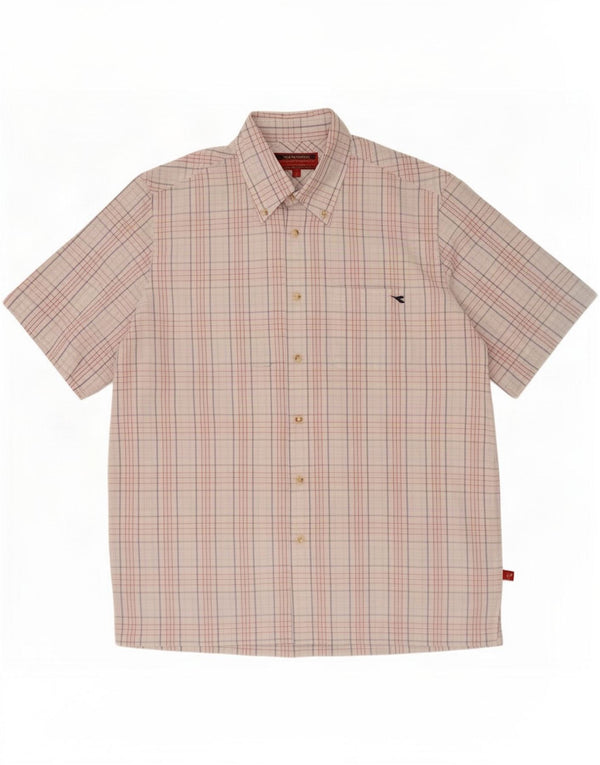 Diadora Mens Short Sleeve Shirt Large White Check Cotton