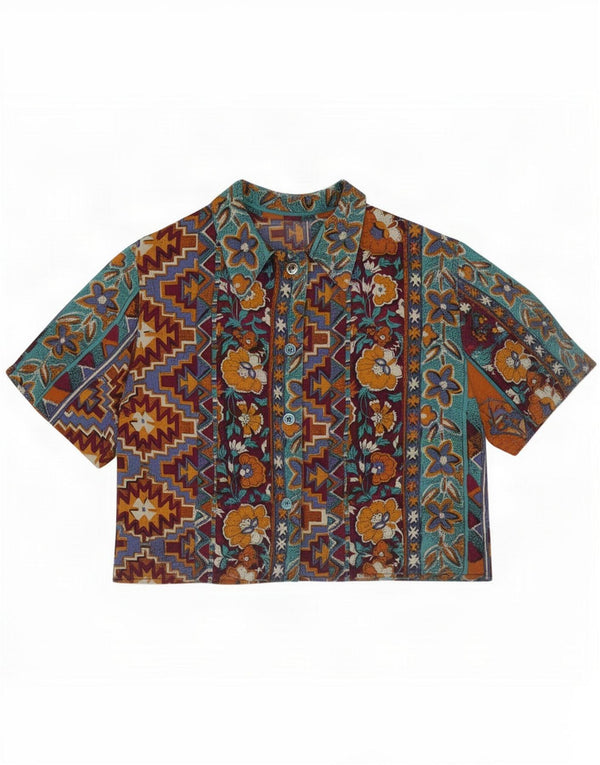 Vintage Γυναικείο πουκάμισο Crop Μπλούζα UK 14 Medium Πολύχρωμο Floral