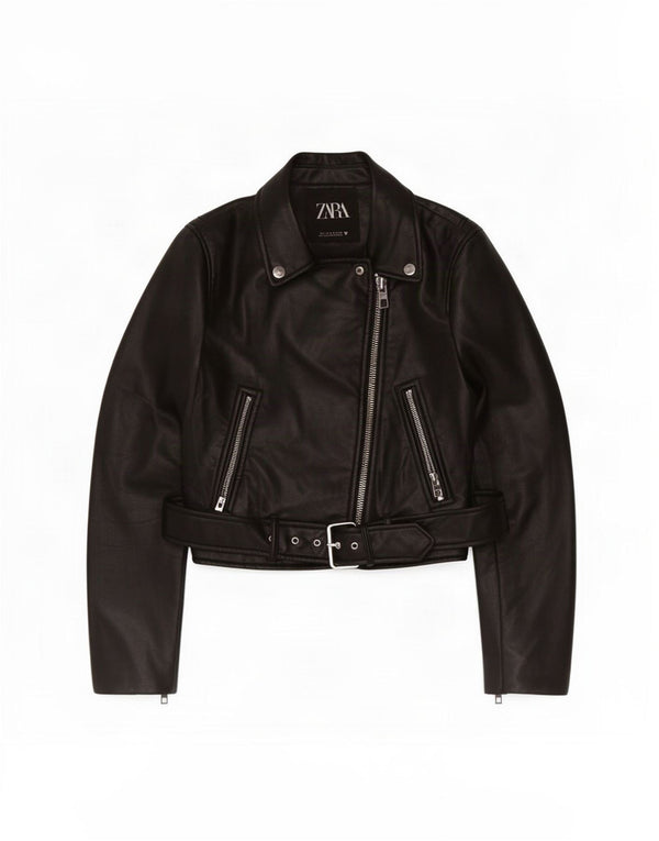 Zara Γυναικείο Faux Leather Biker Jacket UK 10 Small Black Polyester