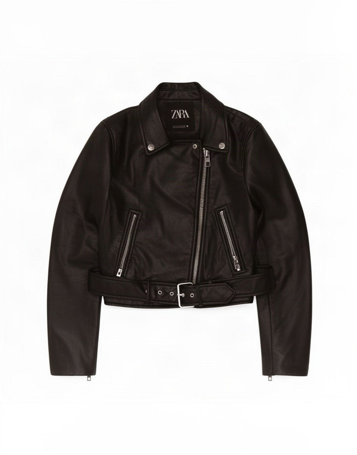 Zara Γυναικείο Faux Leather Biker Jacket UK 10 Small Black Polyester